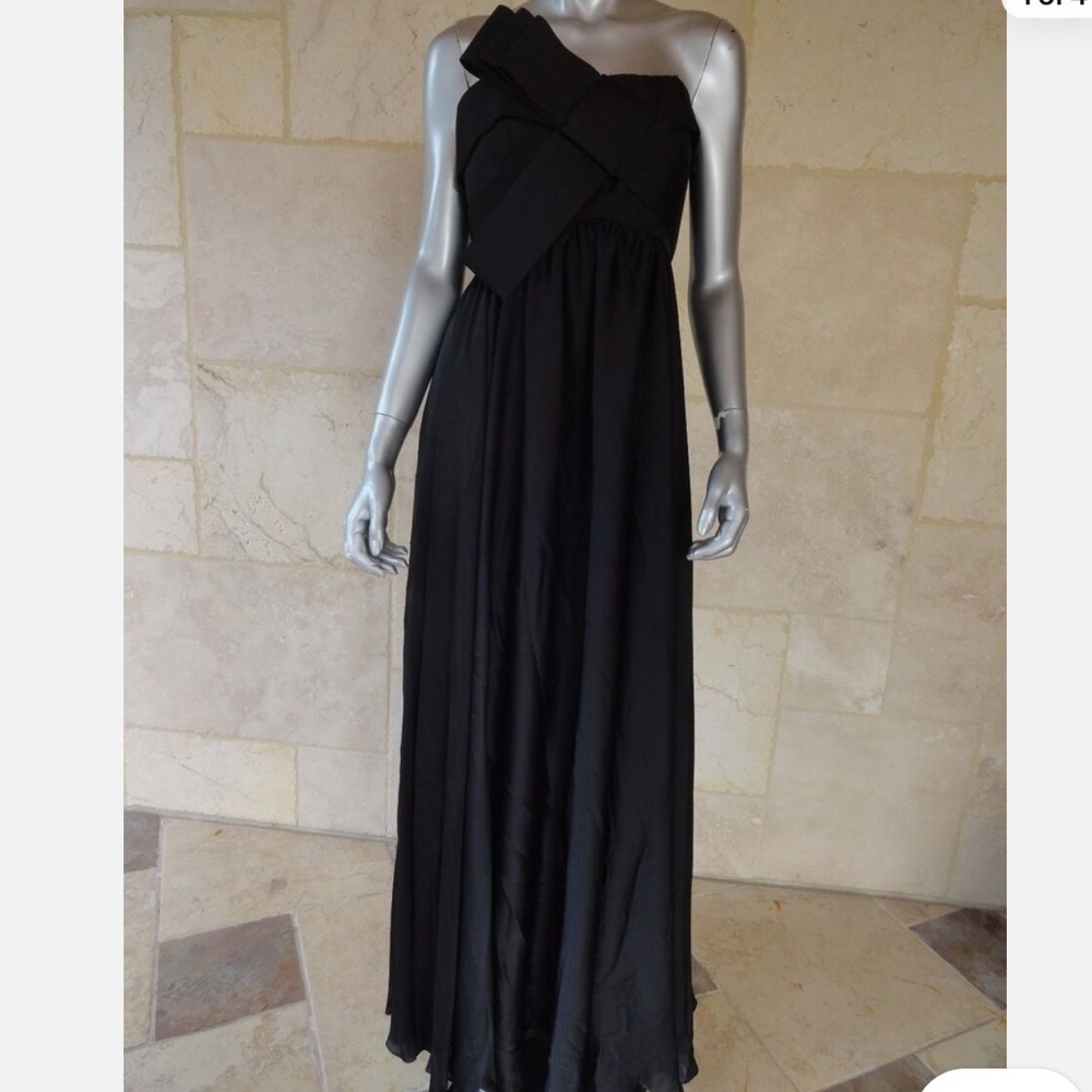 JS Collections Black Bow Front Empire Waist Straplesss Formal Full Length Gown,6
